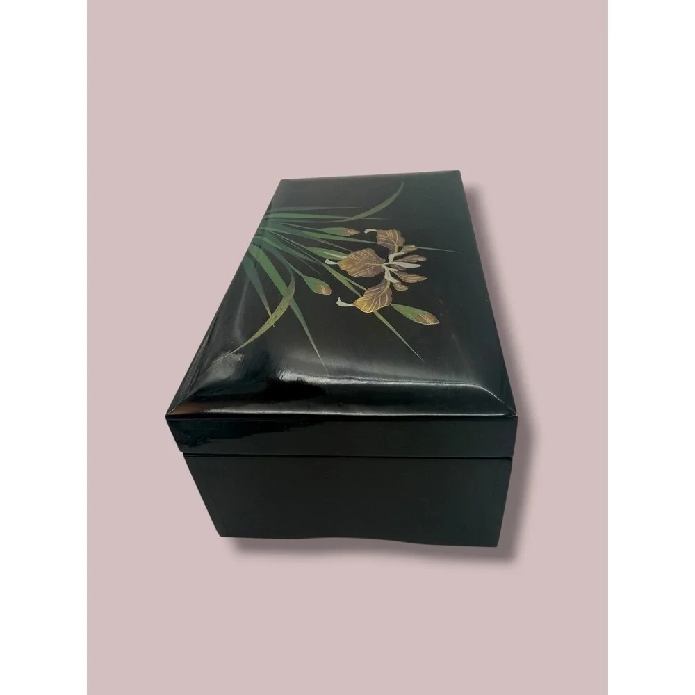San Francisco Music Box Co Black Lacquer Iris Jewelry Box Lara's Theme Vintage